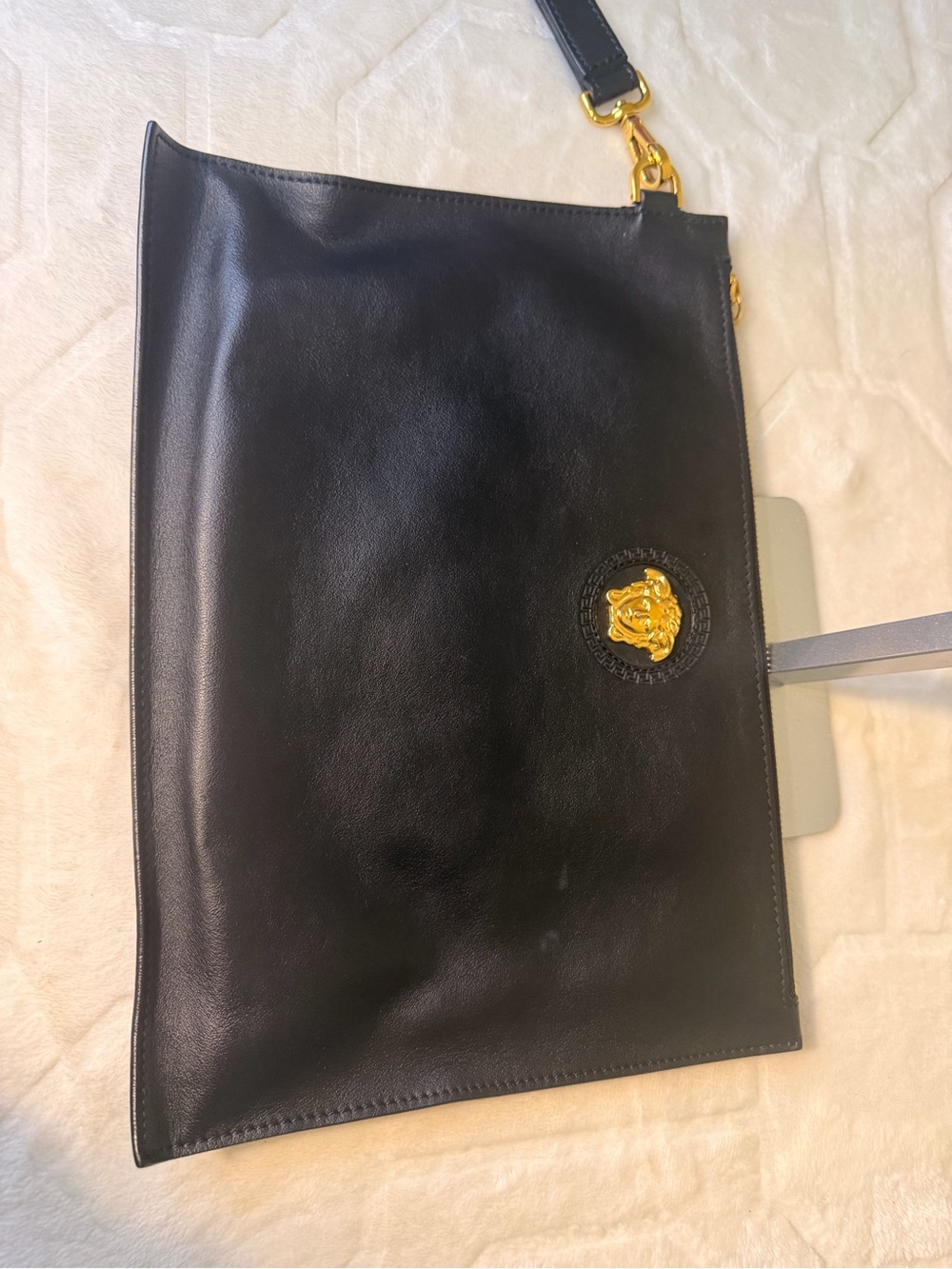 Versace Black Leather Clutch with Gold Medallion